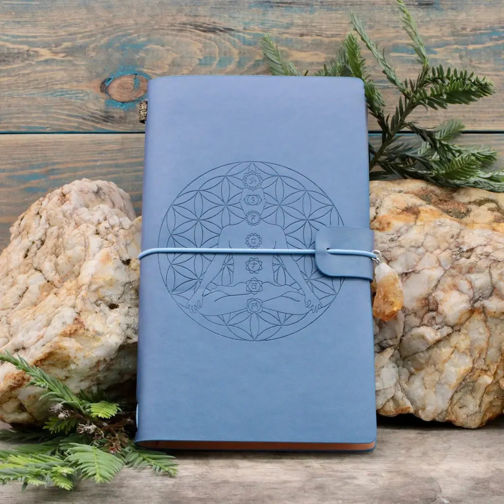 Leather Bound Crystal Journal - Chakra Lotus Design