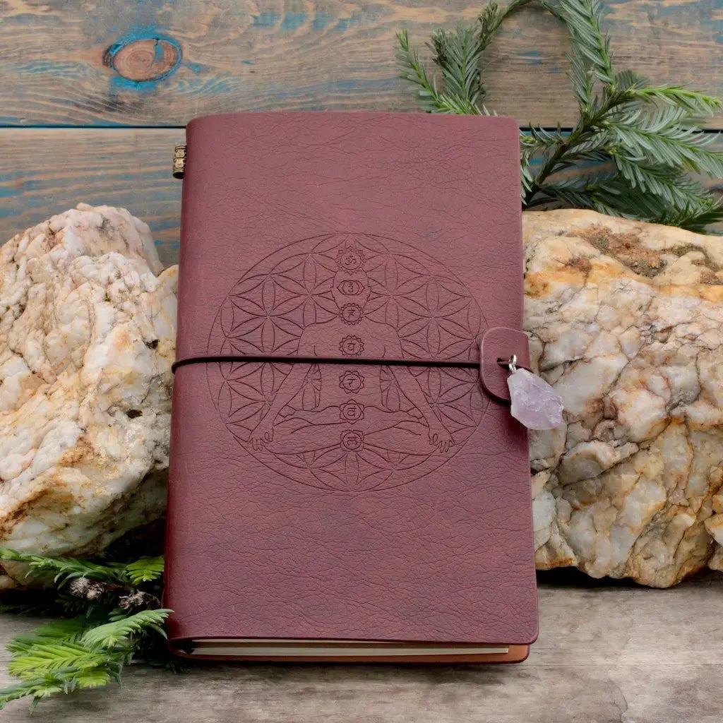 Leather Bound Crystal Journal - Chakra Lotus Design