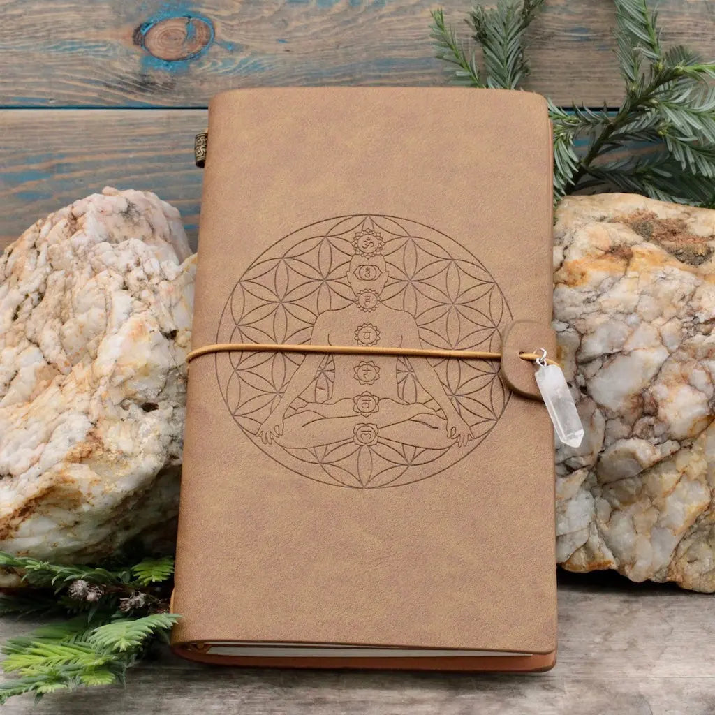Leather Bound Crystal Journal - Chakra Lotus Design