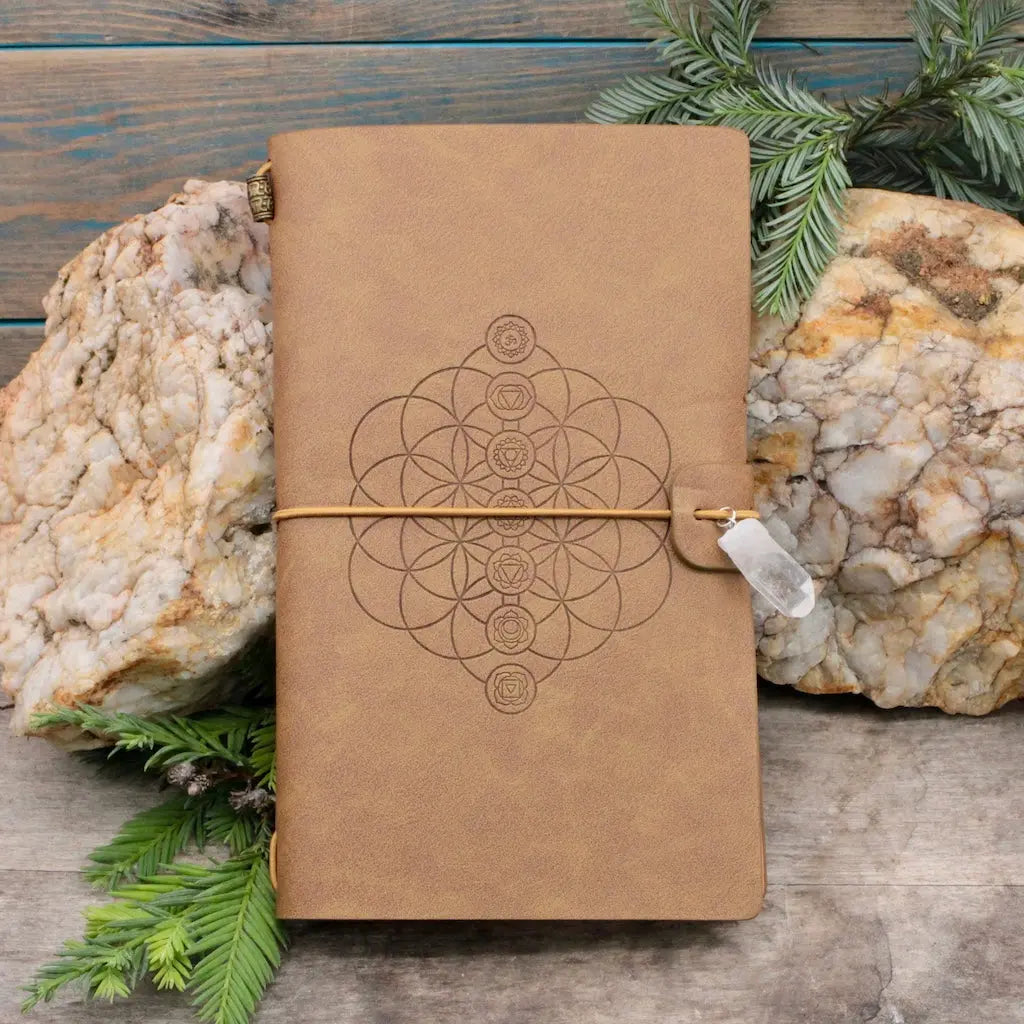 Leather Bound Crystal Journal - Chakra  Flower of Life Design