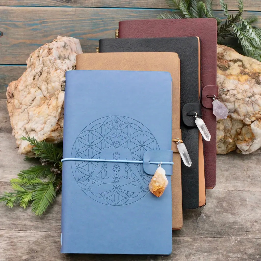 Leather Bound Crystal Journal - Chakra Lotus Design