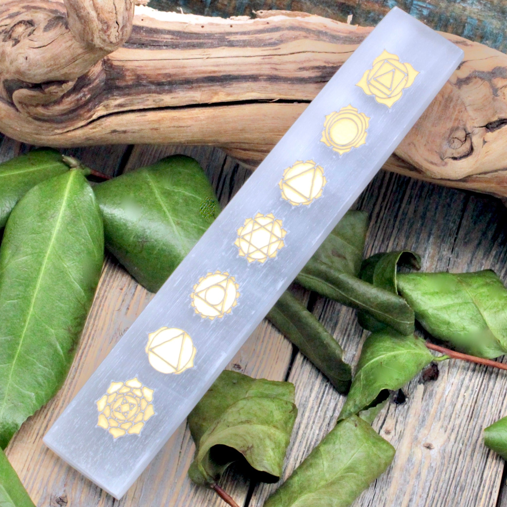 Selenite Charging Plate with Golden Chakra Etchings