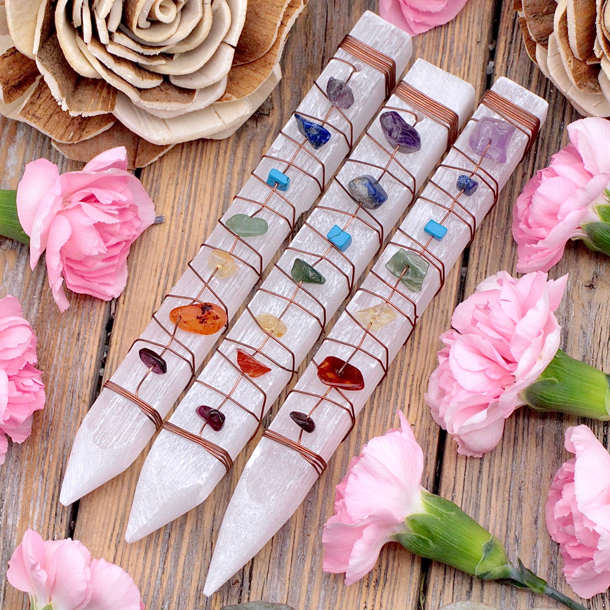 Selenite Wand with Wire Wrapped Chakra Stones